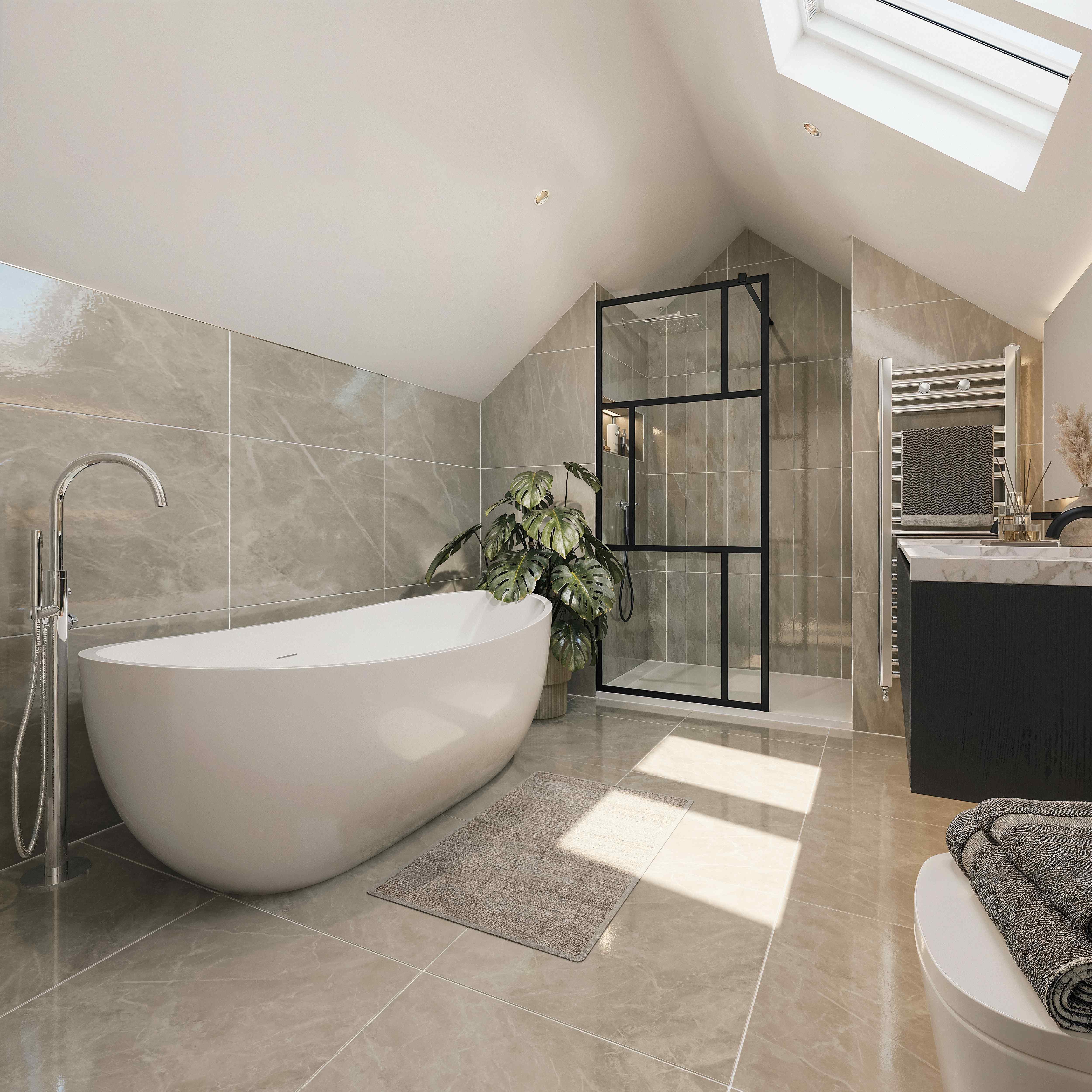 Spa-style master en-suite with freestanding bath and walk-in shower