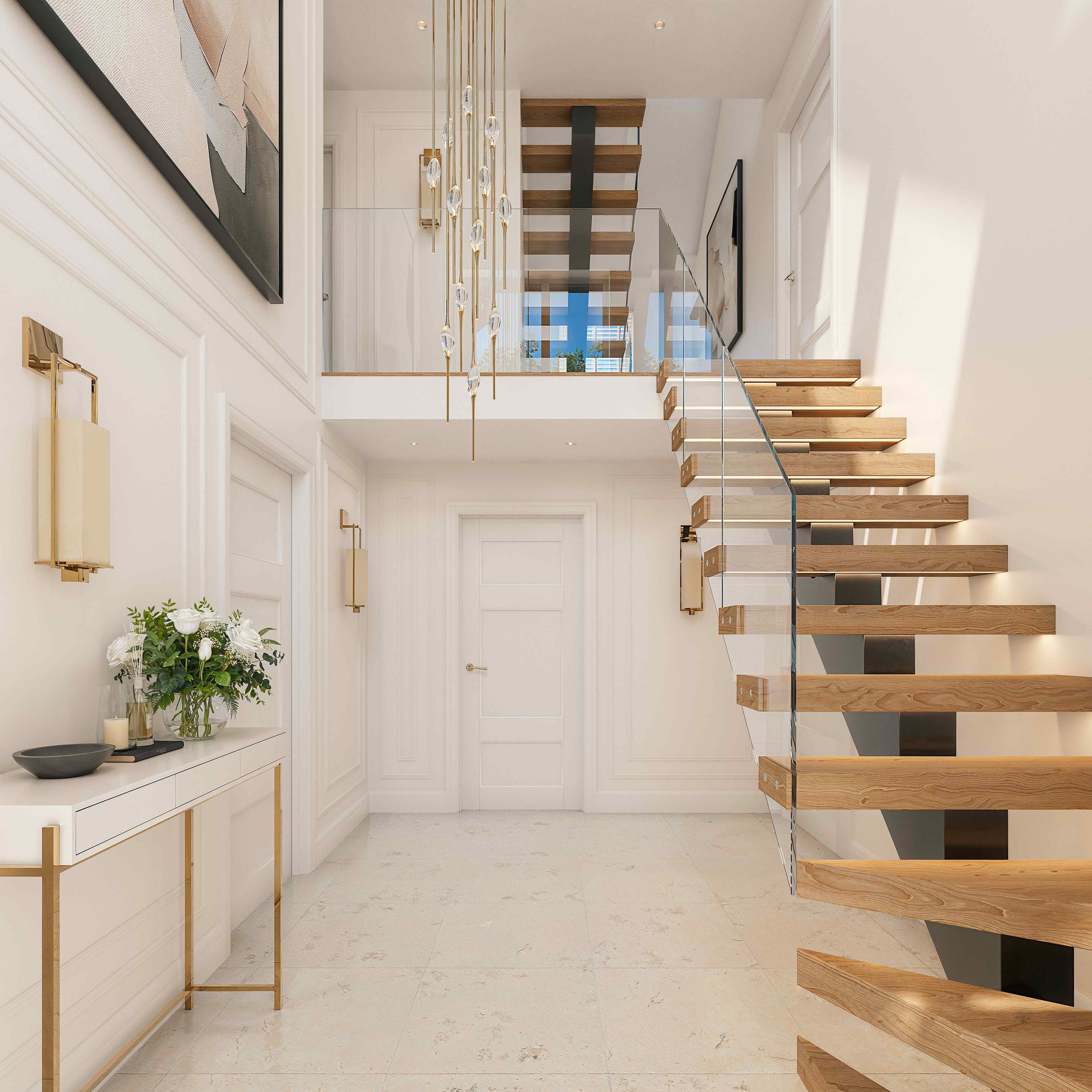 Double-height entrance hall with floating oak staircase